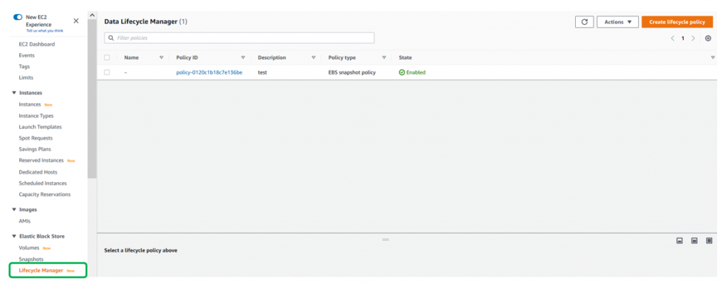 Choose Data Lifecycle Manager located in the left side panel under Elastic Block Store, followed by Create Lifecycle Policy. (1)