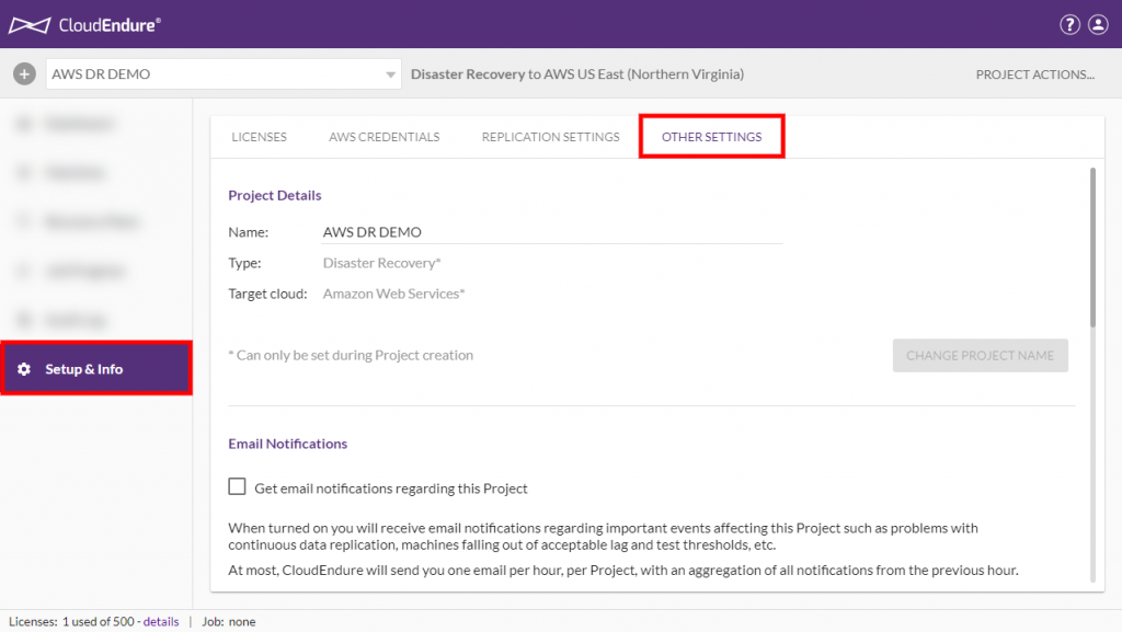 Generate a CloudEndure API token from the CloudEndure console in the Other Settings tab under Setup & Info