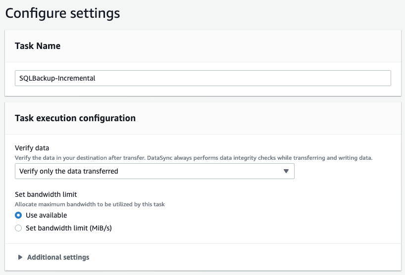 Configuring DataSync task settings - task name and execution configuration
