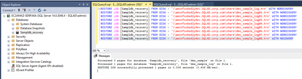 Monitor your DataSync task and cutover the application to use Amazon EC2 - SQL Server management studio (SSMS) client