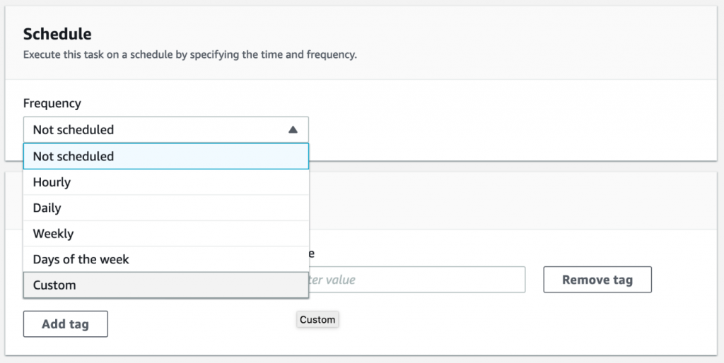 On the Schedule option, you can specify when you want the AWS DataSync task to run