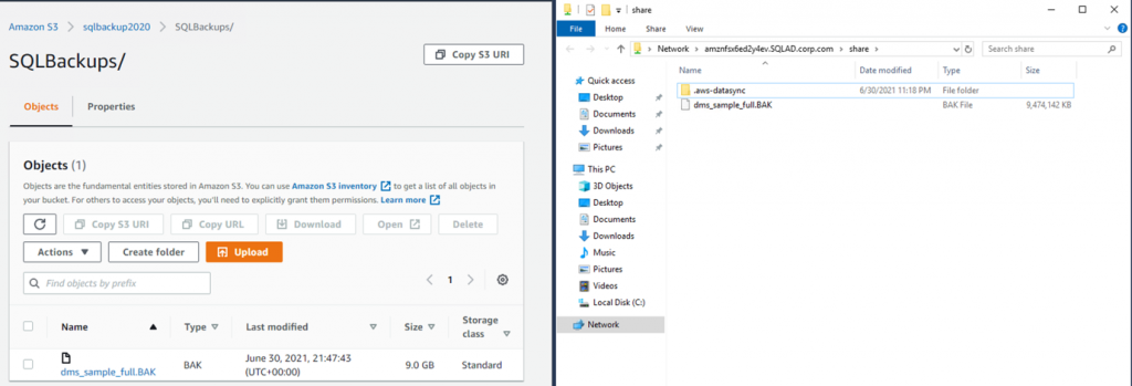 Once you start your task, you should see your backup files appearing on your Amazon FSx file system