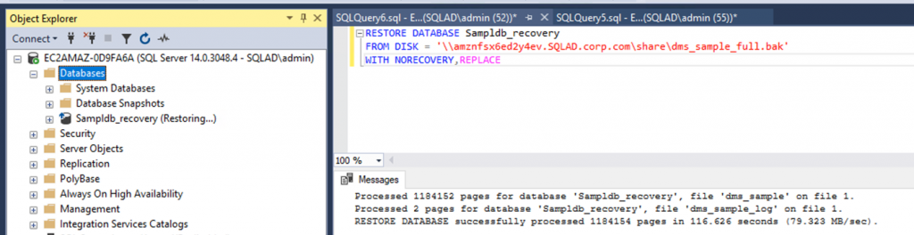 Restore a full database backup by executing the following T-SQL code