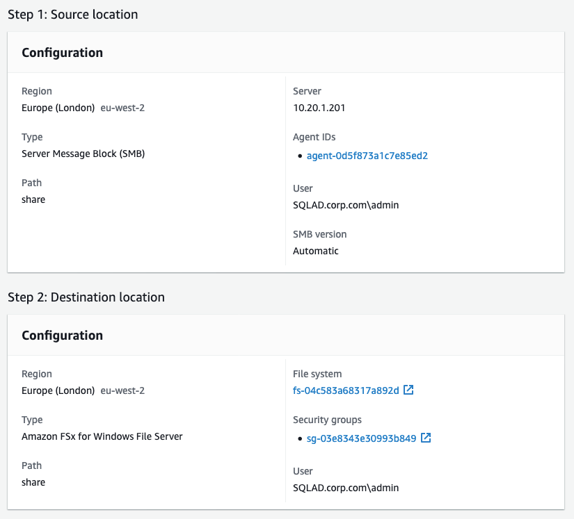 Source location type as Server Message Block (SMB), destination location type as Amazon FSx for Windows File Server