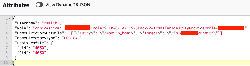 Amazon DynamoDB table entry for user 'msmith' - using okta as an identity provider with AWS Transfer Family and Amazon EFS