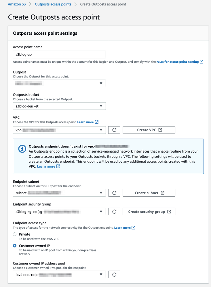 Configure S3 on Outposts access points COIP