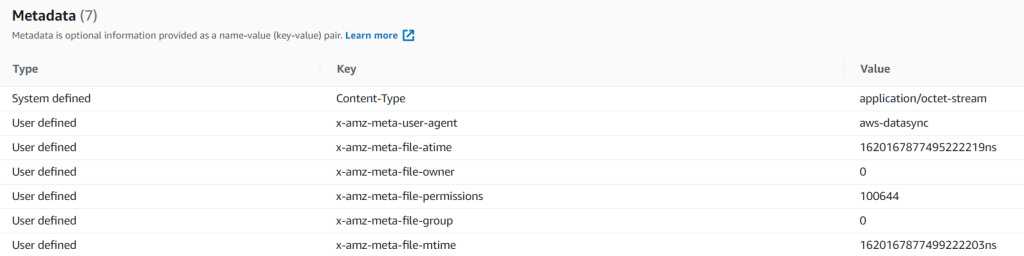 An example of S3 object metadata that was written by DataSync
