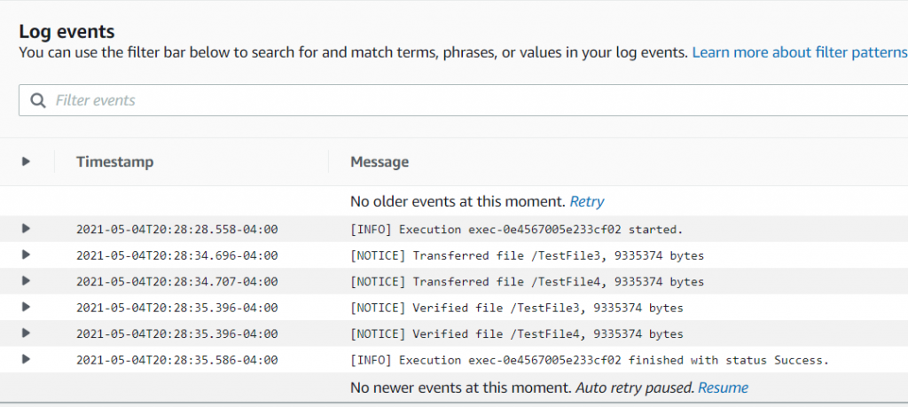 CloudWatch Logs for the DataSync task show that only the two new files were transferred and verified