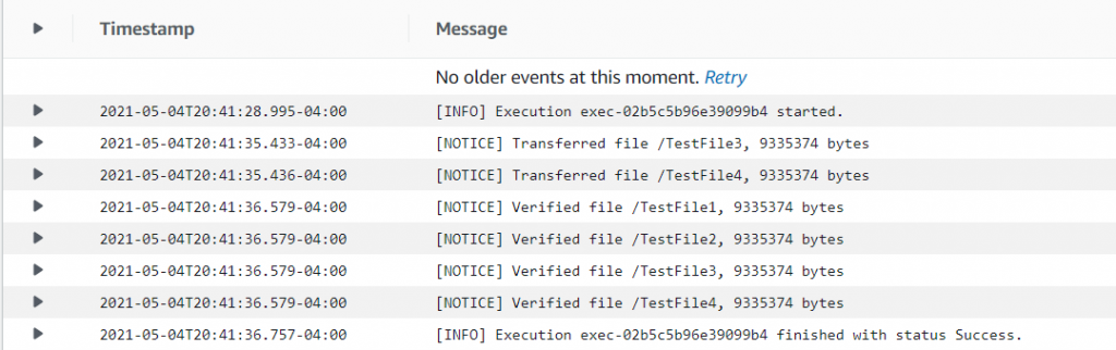 CloudWatch Logs indicate that only the new files were transferred, but all four were verified