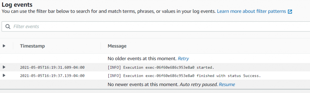 CloudWatch Logs show that no files were transferred (no new files were added)