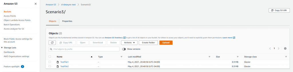 on-premises NFS share contains two files- 'TestFile1' and 'TestFile2' - The S3 bucket contains copies of the same data, in the Amazon S3 Glacier