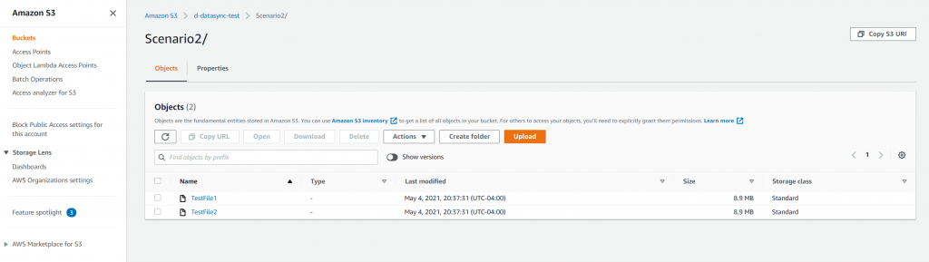 on-premises NFS share contains two files - 'TestFile1' and 'TestFile2' - The S3 bucket contains copies of the same data, in the Standard storage class