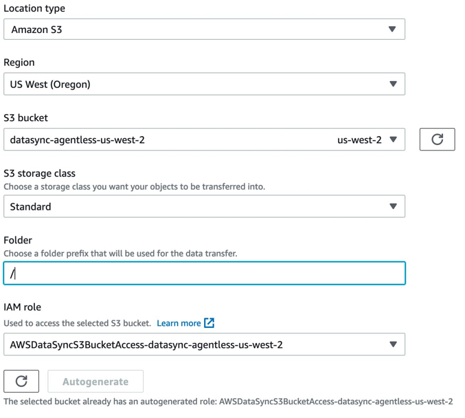 (1) Select your Region, S3 bucket, S3 storage class, and Folder. For the IAM role, select the Autogenerate button