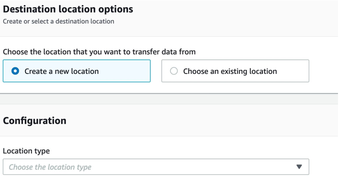 Creating a DataSync task - For the destination location, select Create a new location, and from the Location type dropdown select Amazon S3.