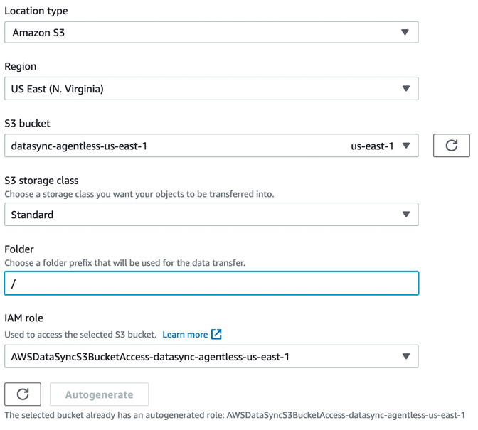 (updated) Select your Region, S3 bucket, S3 storage class, and Folder. For the IAM role, select the Autogenerate button