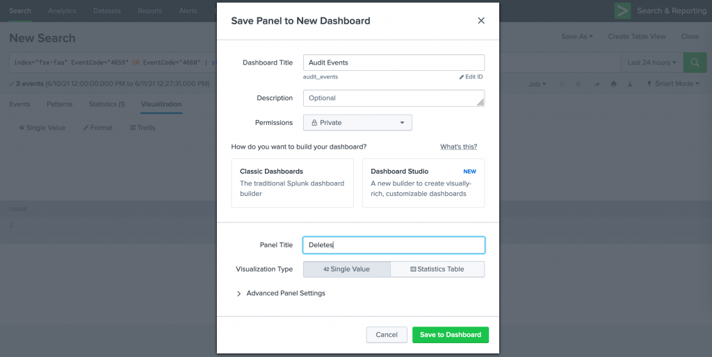 New Dashboard, enter a Dashboard Title and a Panel Title for the search result, and Save to Dashboard.