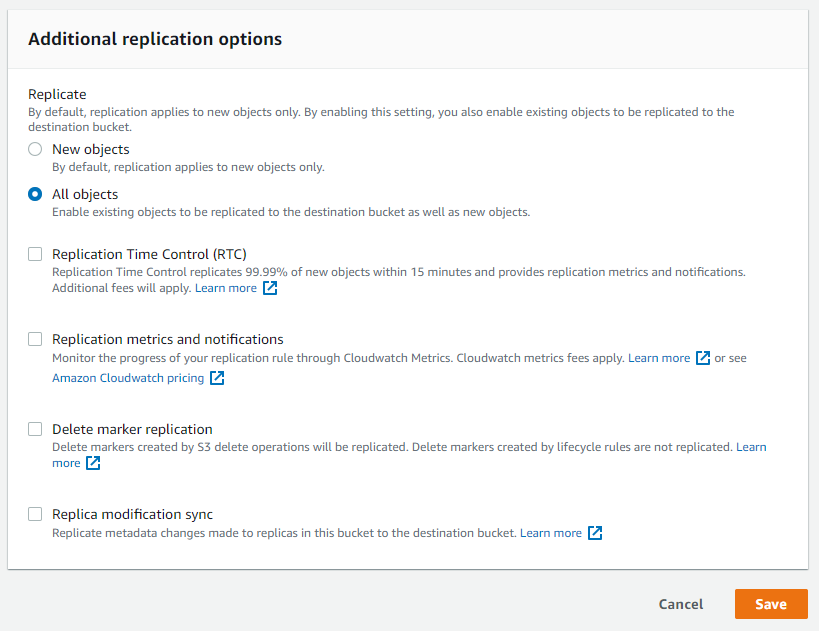 Additional replication options - including Replicate New objects and All objects