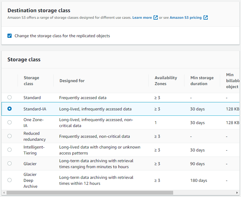 Specify the destination storage class options