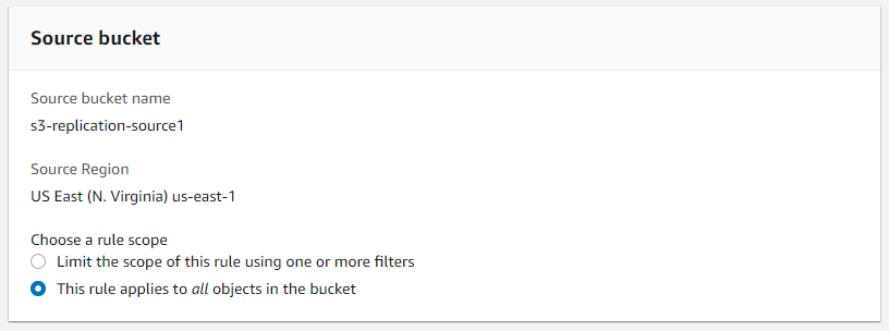 Under Source bucket, select a rule scope. In this example, we’re applying the rule to all objects in my bucket.
