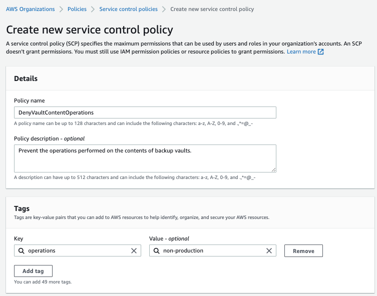 Figure 3 - Enter your policy metadata (name, description, and tags)
