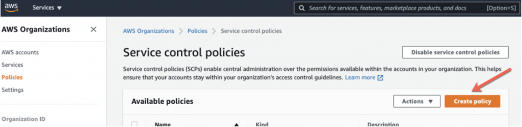 (updated) Figure 2 - Select Create Policy on the Service control policies console