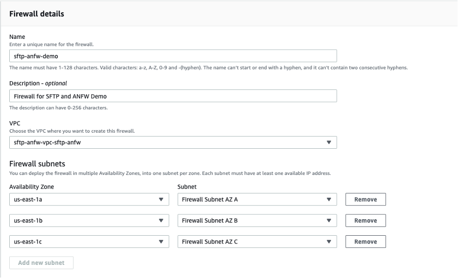 Figure 2- AWS Network Firewall Configuration - Details and Subnet Configurations