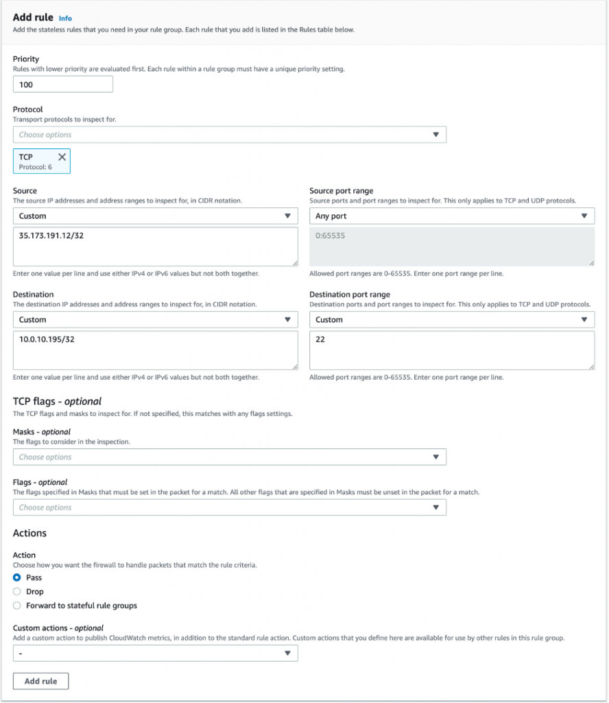Figure 5 - AWS Network Firewall - New stateless rule creation