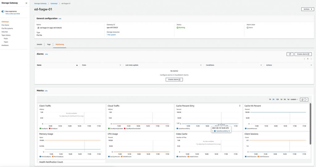 Metrics within the AWS Storage Gateway console, file system metrics Cache Hit Percent and Cache Percent Dirty (can also set up alarms)