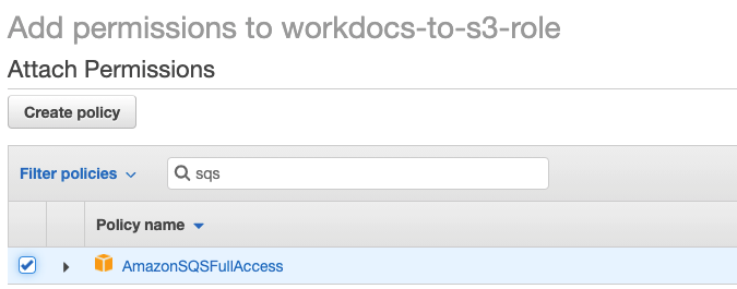 Add the additional policy 'AmazonSQSFullAccess' to the same role.