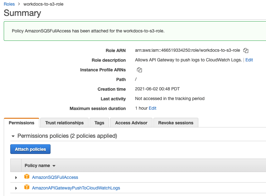 AmazonSQSFullAccess and AmazonAPIGatewayPushToCloudWatchLogs policies attached to the IAM role.