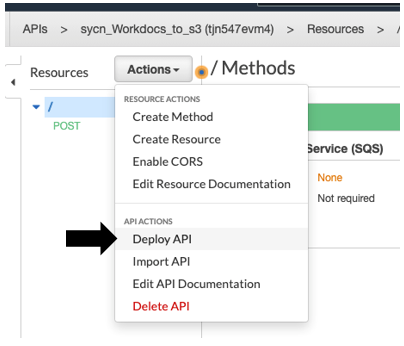 Choose Deploy API under API ACTIONS