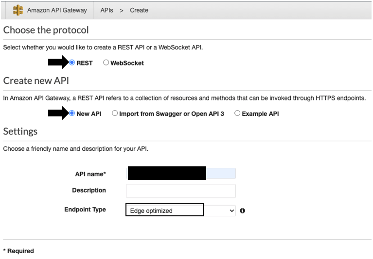 Create the API with REST as your protocol and select New API. Then, select Edge optimized as your Endpoint Type.