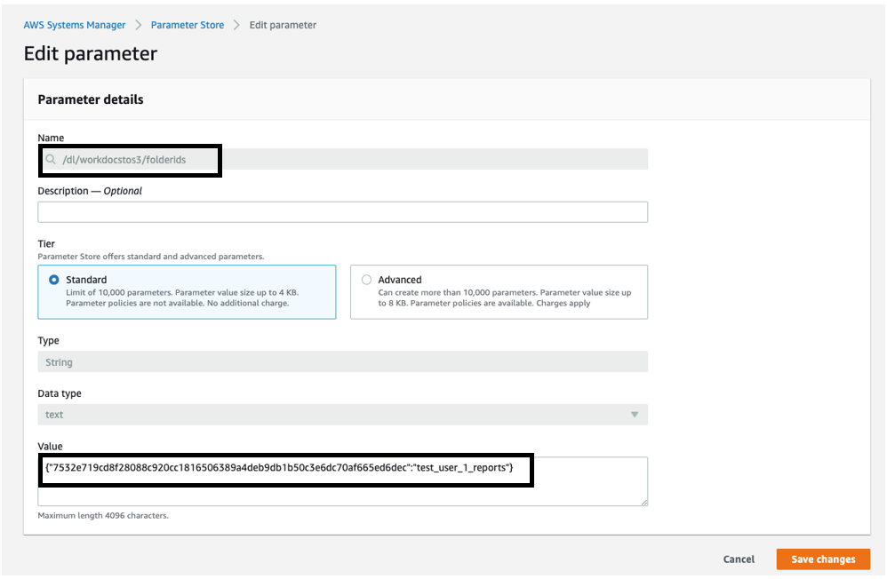Create three different parameters in the Amazon AWS Systems Manager Parameter Store - WorkDocs folder IDs and S3 Prefix mapping (2) - updated