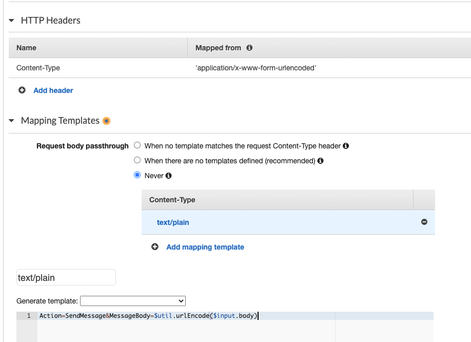 Fill in the HTTP Headers and Mapping Templates sections