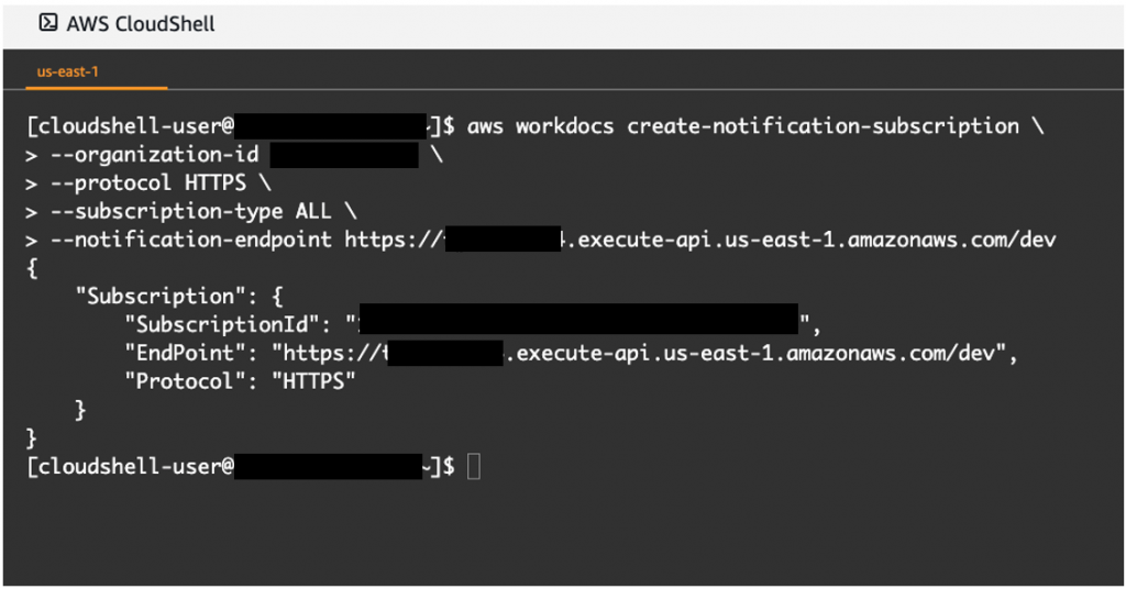 Run the following command to subscribe to the Amazon WorkDocs notification