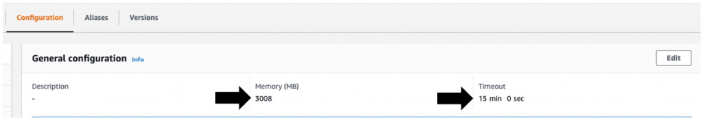 Update the AWS Lambda function “workdocs-to-s3” Timeout and Memory (MB) settings