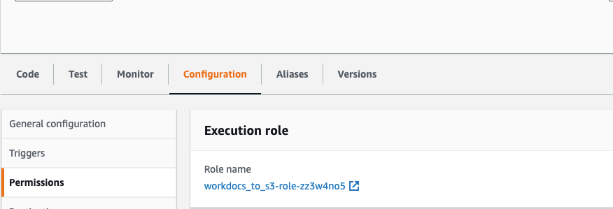 Update the AWS Lambda function’s 'workdocs-to-s3' IAM execution role