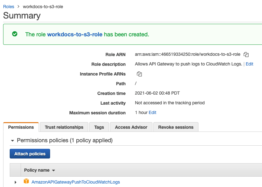 Use the default policy when creating an IAM role to integrate Amazon SQS with Amazon API Gateway
