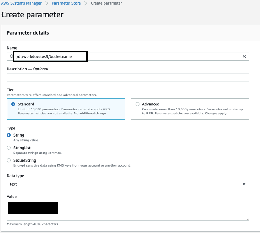 You must create three different parameters in the Amazon AWS Systems Manager Parameter Store - bucket name (1)