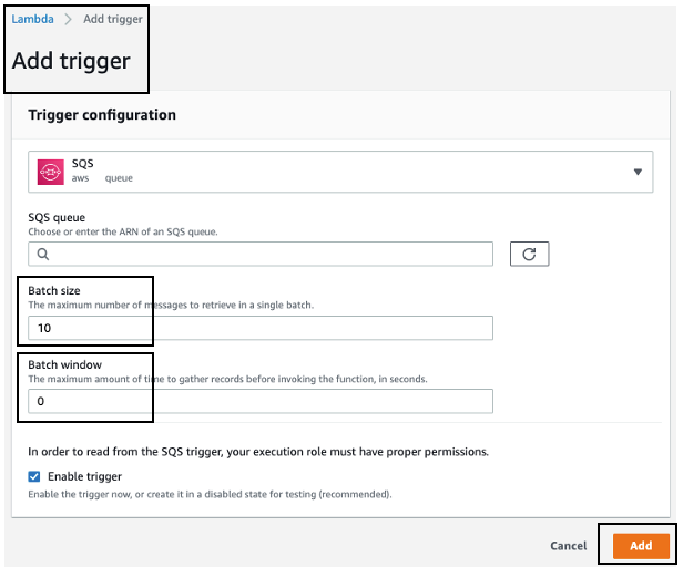 we used a batch size of 1 for the AWS Lambda function’s Amazon SQS trigger - this can modified and extended