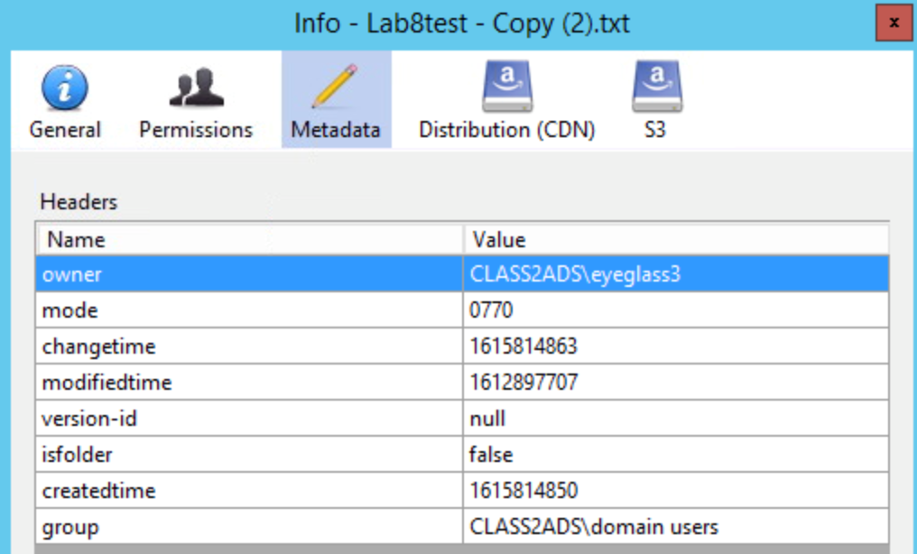 Figure 7 - Cyberduck interface showing file metadata retained within the object