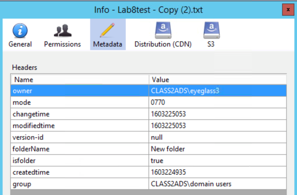 Figure 8 - Cyberduck interface showing folder metadata retained within the object