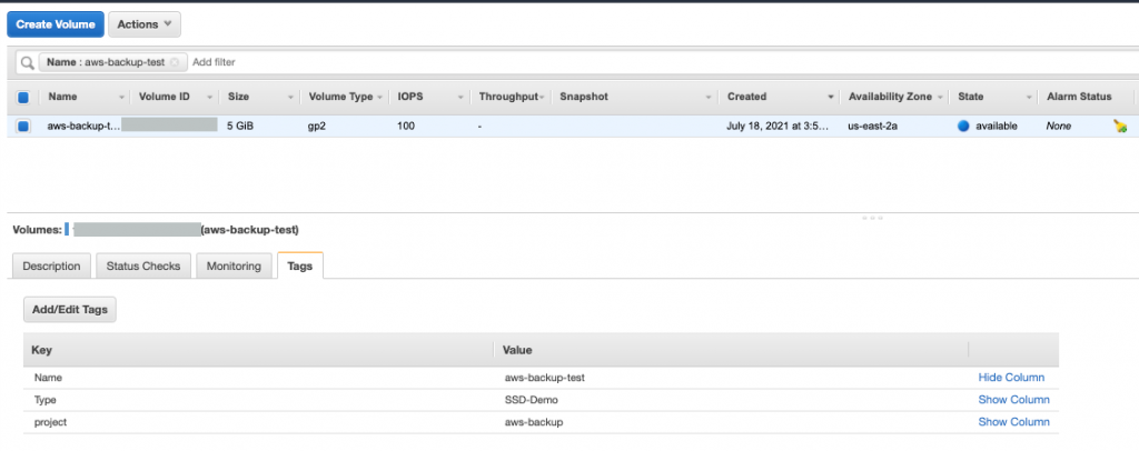 Figure 4 - Create an EBS volume