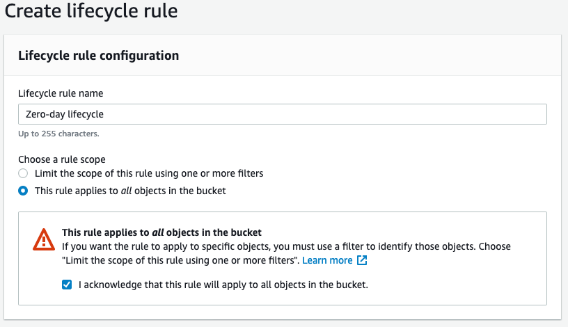 Figure 2. Creating a zero-day lifecycle rule