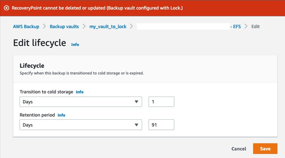 Error message edit lifecycle of backup
