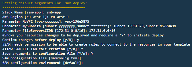 Example input values for guided AWS SAM deployment