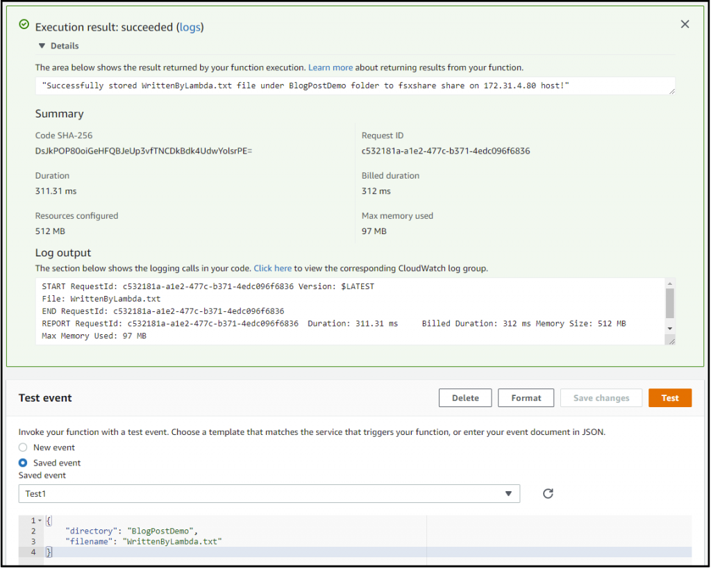 Successful Lambda function test event