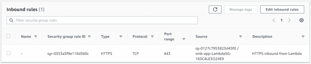 Secrets Manager VPC endpoint security group rules allowing inbound HTTPS from Lambda’s security group