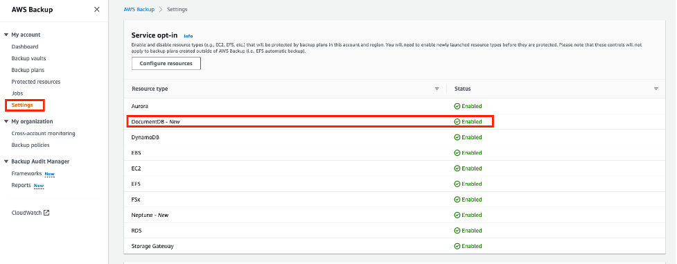 AWS Backup Service opt-in DocumentDB