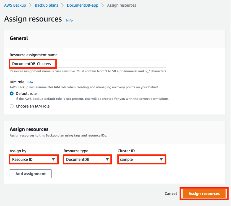 Assign resources DocumentDB Clusters